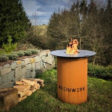 DEINWERK Grillfass Grilltonne Feuerplatte Ø 90cm Corten mit Plancha Feuertisch