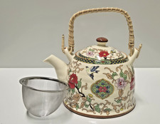 Keramik Teekanne mit Bambusgriff und Edelstahlsieb mit Vogel und Blumenmotiv