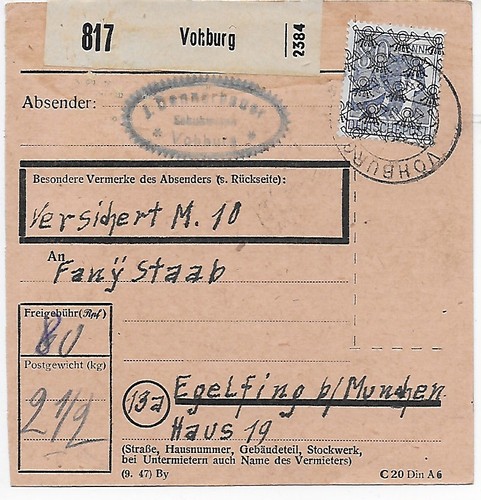 Paketkarte von vohburg nach - vohburg,