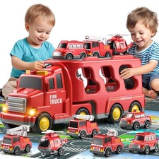 7 in 1 LKW Feuerwehrauto mit Licht und Musik Auto Transporter Kinder Spielzeug