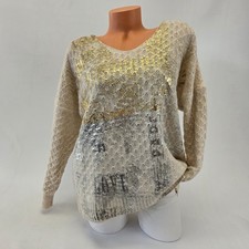 Damen Pullover Italy Strukturstrick Gold Silber V-Ausschnitt Gr. 38–42 Creme