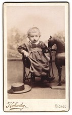 Fotografie Kolinsky, Nochod, Kleinkind im Stuhl neben Hut und Spielzeugpferd 
