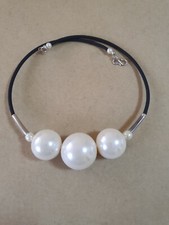 Halskette Collier XXL Perle Weiß  Kautschuk Band Schwarz 48cm 925 Silber Haken