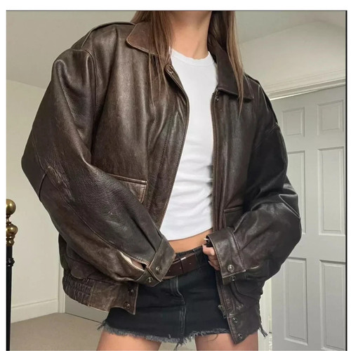 Oversized braune lederjacke - braune,