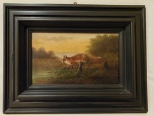 Kleines Öl-Gemälde auf Holz, Fuchs in der Dämmerung, originaler Rahmen, 19.Jhdt.