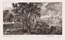Landscape Landschaft cows bridge Brücke Kupferstich engraving Perelle 1700