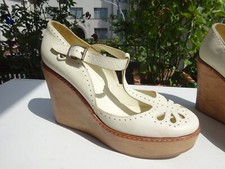 CHLOE Chloé Dam Schuhe Plateau Keilabsatz Pumps Leder Holz Creme Italy Gr.39 TOP