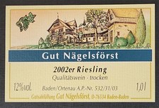 Weinetikett  2002er Riesling Qualitätswein Trocken Gut Nägelsförst Baden 