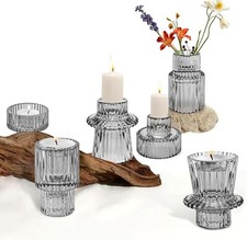 3er Set Glas Kerzenständer 2-in-1 Kerzenhalter Lichterhalter Blumen transparent