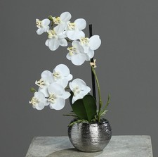 Kunstorchidee 30cm im Keramiktopf Silber weiß Phalaenopsis Kunstblume künstlich