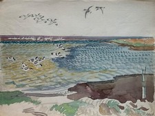 Aquarell Karl Adser 1912-1995 Küstenlandschaft Austernfischer Säbelschnäbler