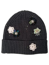 SEEBERGER Damen Mütze Grau Elegant Vintage Strickmütze Blumen Pailletten Strass