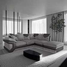 Ecksofa 5-Sitzer Grau Schwarz Cord Leder L Form Modular Streulehne