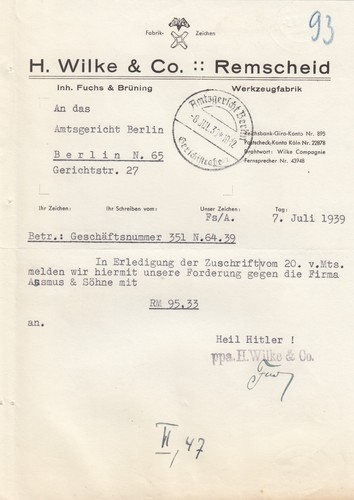 Remscheid brief 1939 h - remscheid,,
