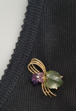 Vintage Anstecknadel 585/14k Gelbgold mit Brillant ? Jadeblatt und Amethystblüte