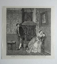 Die Schmollenden. Ehepaar, Liebespaar, Kachelofen, Holzstich um 1880
