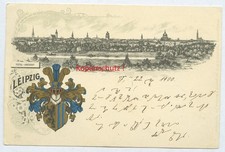 alte Postkarte , Leipzig 1900 - Total Ansicht , schönes Wappen