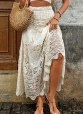 Guipure-Spitze Bogenkante Saum Rock, Urlaub & Elegant Hohe Taille Knöchellang