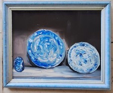 Original Oil Painting Ölgemälde Teller Blau Impressionismus Porzellan Rahmen
