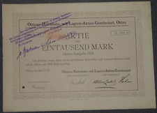 Ohlauer Hafenbahn- und Lagerei-Aktien-Gesellschaft, Ohlau 1921 1000 Mark