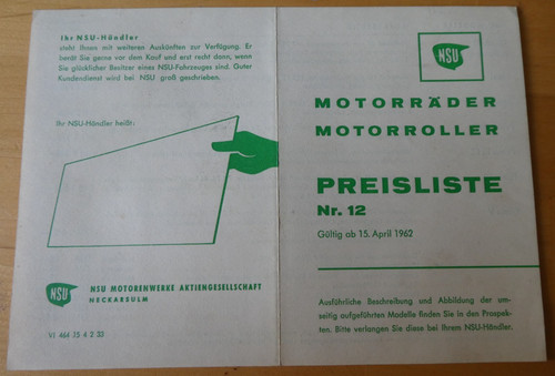Original nsu preisliste 1962 - nsu,