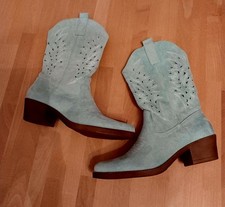 Damen Cowboyboots 40  Reißverschluss Ital-Design türkis Western Club Blockabsatz