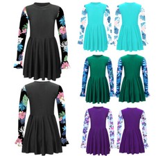 Kinder Mädchen Badeanzug Patchwork Kleid Langarm Röcke Gymnastik Bikini Baden