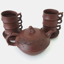 Asiatisches Teeservice Tonkeramik CHINA Teekanne Stempel 6 Personen NEUZUSTAND