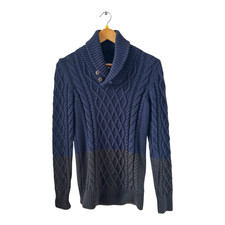 Element Strickpullover Herren S Blau Grau Baumwolle Schalkragen Zopfmuster Warm