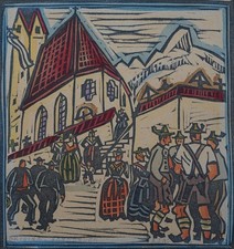 Kirchgang Farbholzschnitt Tirol signiert
