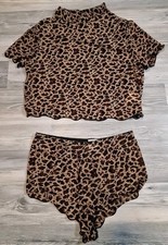 Damen Pyjama Dessous Set - Leopard - Gr. S - Oberteil & Hot Pants - Neu