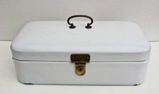 große antike Art Deco Emaille Brotkasten weiß mit Messing Griff