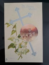 Tuck E109 A Happy Easter silberfarbenes Kreuz weiß lila Schafe