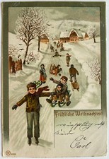 AK alte Postkarte Motiv Weihnachten Litho um 1903 Litho Kinder Schlitten Fahrt