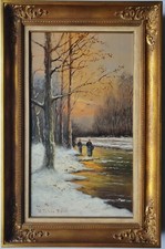 Gemälde Öl Landschaft Winter Personen Wald Peters Signiert Düsseldorf