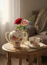 Vintage Zuckerdose aus Porzellan G&C France, Blumendekor - große Kanne