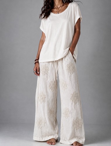 Hose leinen beige - stickerei, 36