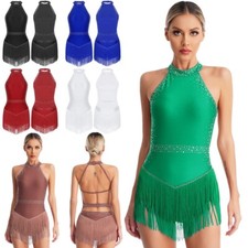 DE Damen Tanz Quaste Kleid Ärmellos Neckholder Fransenkleid Trikot Tanz Leotard