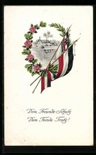 Ansichtskarte Dem Freunde Schutz..., Anwesen im Ehrenkranz, Fahnen 
