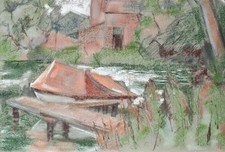 Sonja Wüsten Haus See Wald Bootssteg Pastell Original 20. 21. Jahrhundert