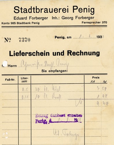 Rechnung stadtbrauerei penig - stadtbrauerei,