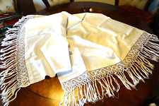 Jugendstil Tischtuch großer Läufer Leinen 82x120 cm Hohlsaum Häkelborte Fransen