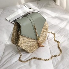 Damen Handtasche Rattan Stroh PU Leder Böhmisch Sechseckig mit Kette Luxus Glamour