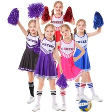 Kinder Mädchen Cheerleader Kostüm Cheerleadering Outfit Uniform mit Pompons Kits