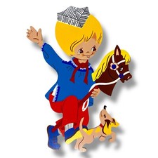 1970er Mertens-Kunst: Steckenpferd-Junge mit Papierhut 23cm Märchen-Holzbild Alt