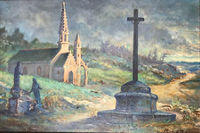 Gemälde CHAPELLE Signiert Le BICCON Bild Calvarienberg BRETAGNE Vintage Antik 1