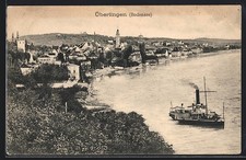 Ansichtskarte Überlingen /Bodensee, Ortsansicht mit Dampfer am Seeufer 1918 