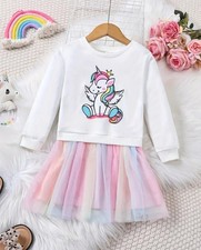 Mädchen Regenbogen Tutu Saum Einhorn Druck Langarm Sweatshirt Kleid Gr. 86/92