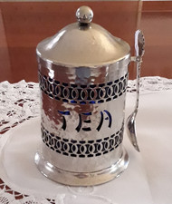 Tee Behälter Dose silberfarbig mit blauem Glaseinsatz ca. 14 cm hoch