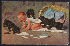 Künstler-AK A. Roeseler: Ein Überfall, Dackelwelpen und Kleinkind 